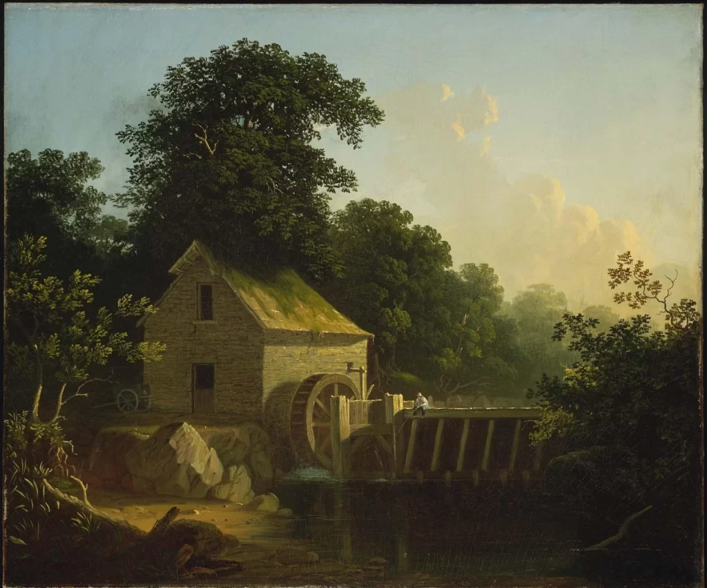 george caleb bingham art. Landscape with Waterwheel and Boy Fishing (1853) 