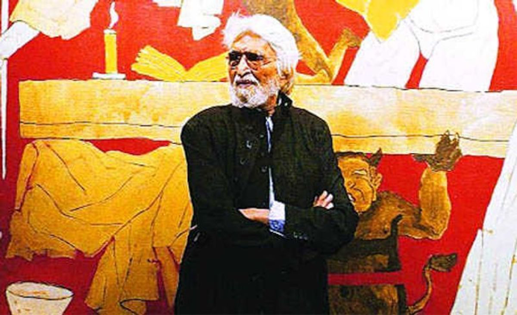 M.F Husain with his painting