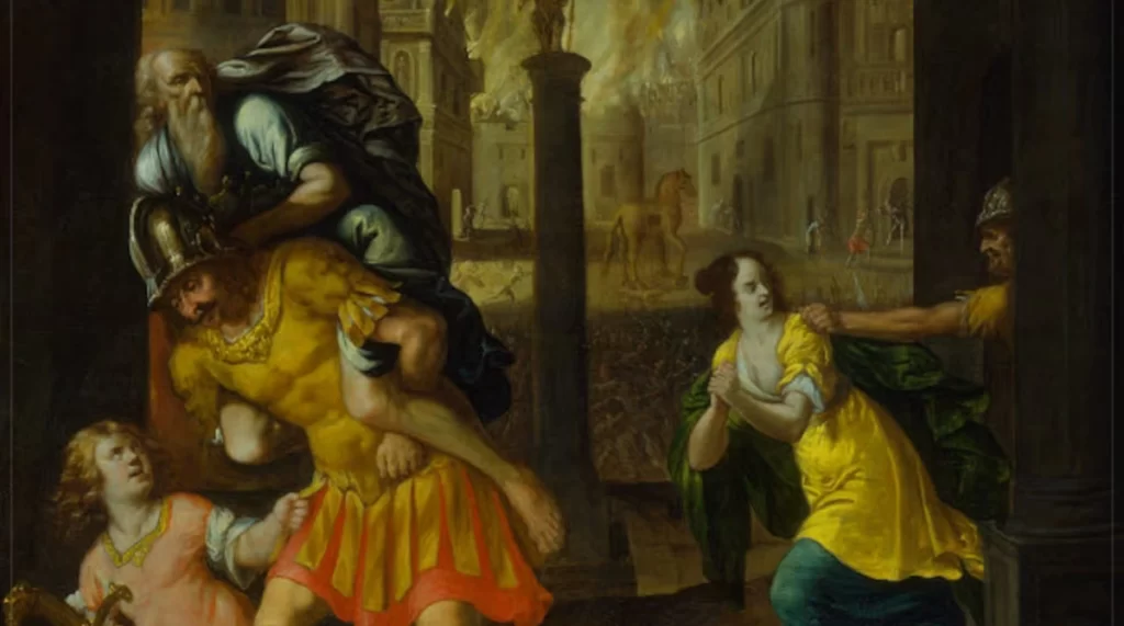 Aeneas And His Family Fleeing Burning Troy