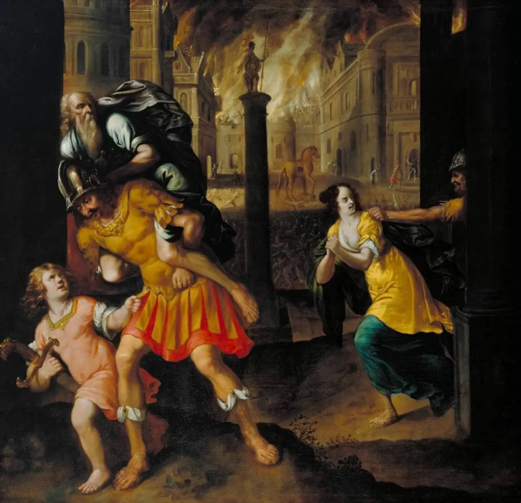 Aeneas And His Family Fleeing Burning Troy