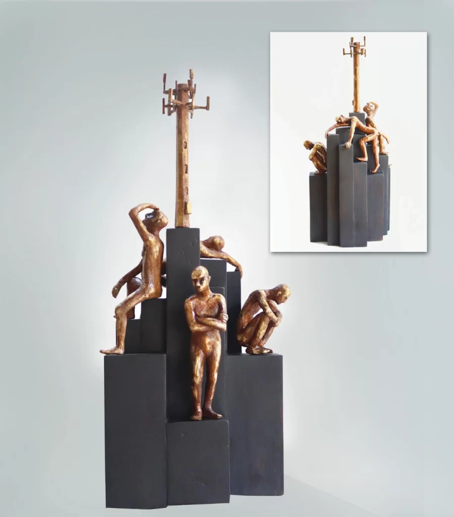 Gunasekar Jeyapal. Life In The City III (2021). Bronze and Wood, 33x14x11 in. 
