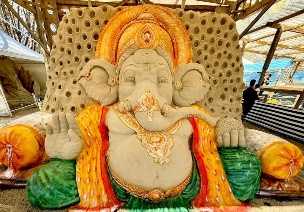 a 10 foot tall sand art by Sudarsan Pattnaik of Lord Ganesh at Sand World 2025 