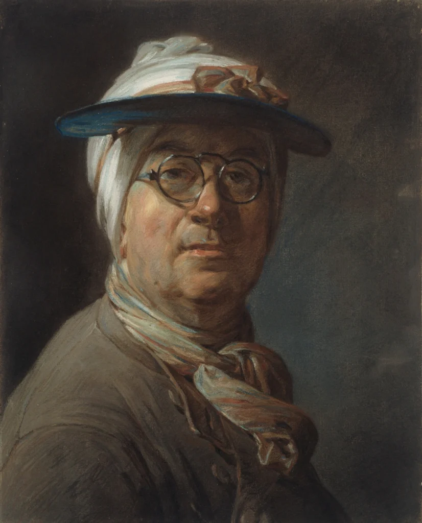 Jean Siméon Chardin. Self-Portrait with a Visor (1771-81). Pastel on blue laid paper, mounted on canvas, 45.7 x 37.4 cm. Courtesy - The Art Institute of Chicago
