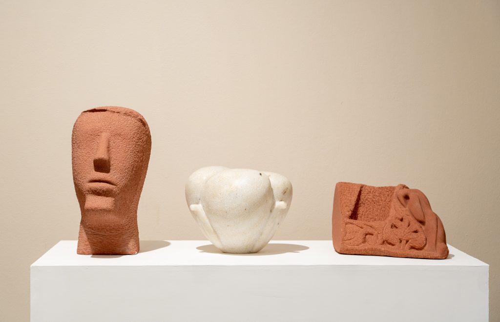 stone sculptures in a Delhi art gallery exhibition