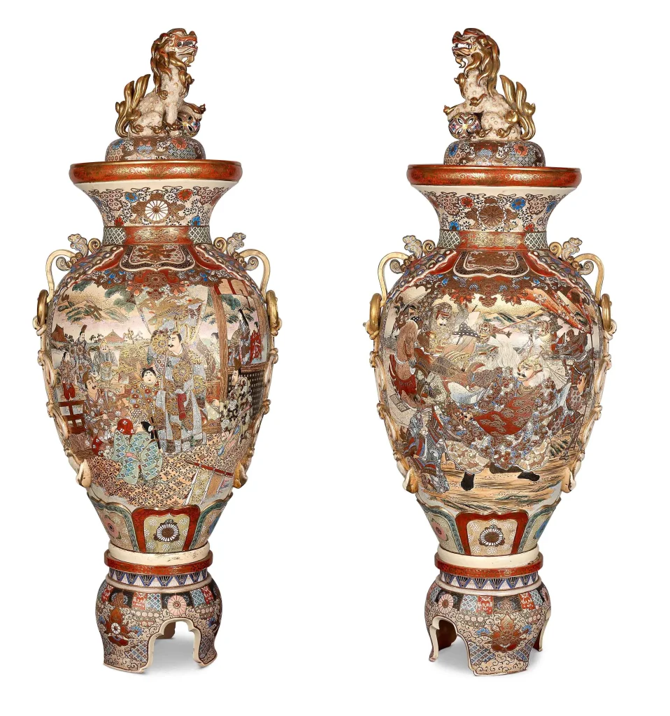 Pair of large Satsuma urns decorated in the traditional Satsuma palette of gilt, red and blue, Image Courtesy: AstaGuru