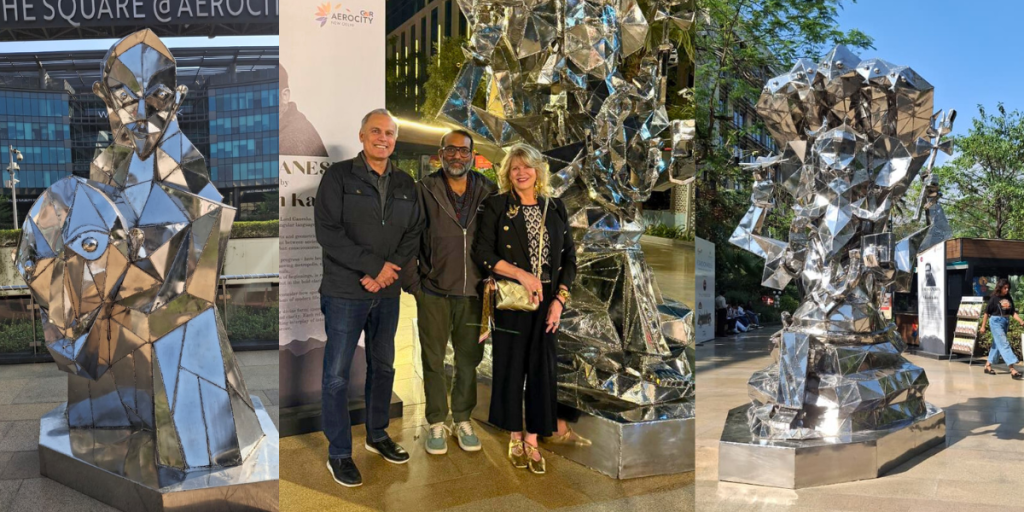 Vikash Kalra's monumental stainless-steel Lord Ganesha sculpture at The Art Square, Aerocity Delhi, in Forged in Steel exhibition.