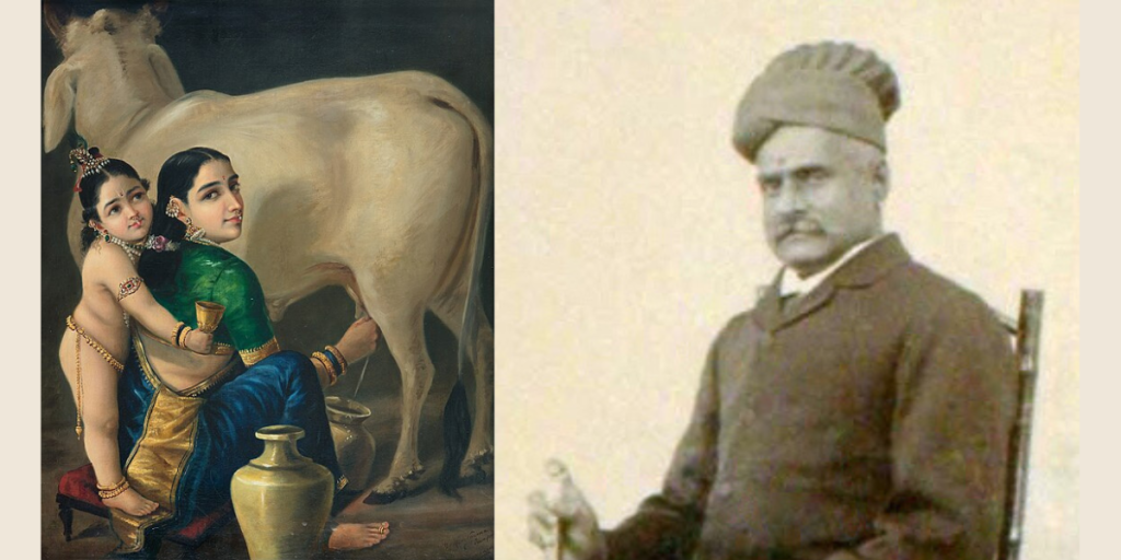 Yashoda milks a cow, while an infant Krishna hugs her, painting by Raja Ravi Varma