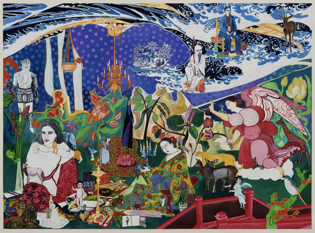Rekha Rodwittiya Home is Wherever You Are Hand painted watercolour over digital print of autobiographic imagery . 57 x 77 Inches 2026