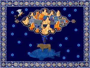 Oyjon Khayrullaeva, Bahamut" from "Aja'ib al-makhlugat (Wonders of creation), written by the 13th-century scholar Zakariya ibn Muhammad al-Qazwini. Digital collage on textile. Courtesy of the artist and Tselinny Center of Contemporary Culture.